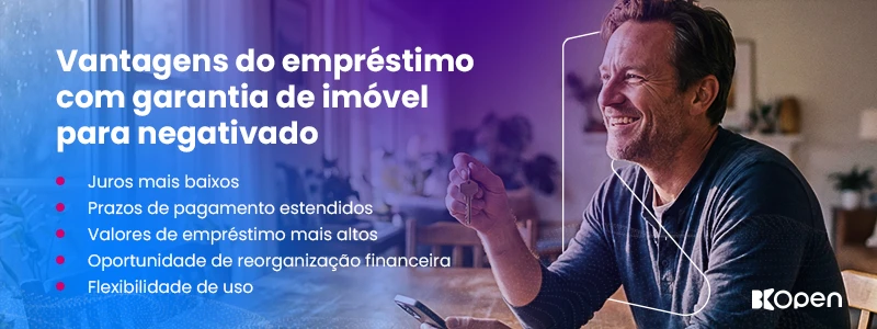 Vantagens do empréstimo com garantia de imóvel para negativado: juros mais baixos, prazos de pagamento estendidos, valores de empréstimo mais altos, oportunidade de reorganização financeira e flexibilidade de uso.