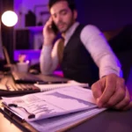 Imagem de homem falando ao telefone enquanto analisa gráficos financeiros em escritório com iluminação roxa, ilustrando um artigo da BKOpen sobre refinanciamento de empréstimo consignado.
